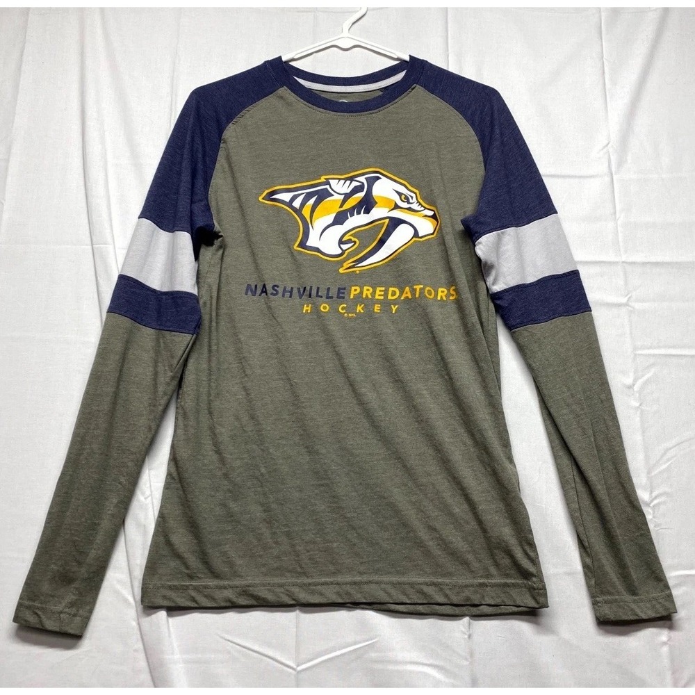 Nashville Predators Shirt Mens S Green Blue Ice Hockey NHL Graphic Raglan Sleeve